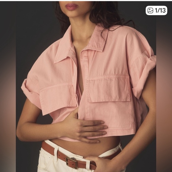 Pilcro Tops - Pilcro Soft Pink‎ Cropped Boxy Short-Sleeve Top twill denim small
